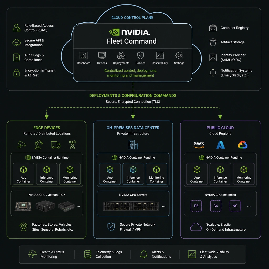 A hybrid cloud architecture showing a central control console ("NVIDIA Fleet Command") in the cloud sending container deployments and configuration commands down to various edge devices, on-premises servers, and public cloud instances.