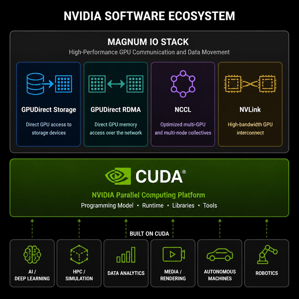 A block diagram representing the NVIDIA software ecosystem. The base layer is CUDA, and sitting on top of it is the Magnum IO stack containing GPUDirect Storage, GPUDirect RDMA, NCCL, and NVLink, demonstrating that CUDA is the underlying platform rather than a component of the I/O stack itself.