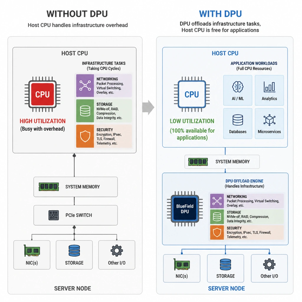 A server node diagram comparing two states: "Without DPU" showing the host CPU heavily occupied by networking, storage overhead, and security tasks; and "With DPU" showing those tasks shifted to the DPU (BlueField), leaving the host CPU completely free for application workloads.