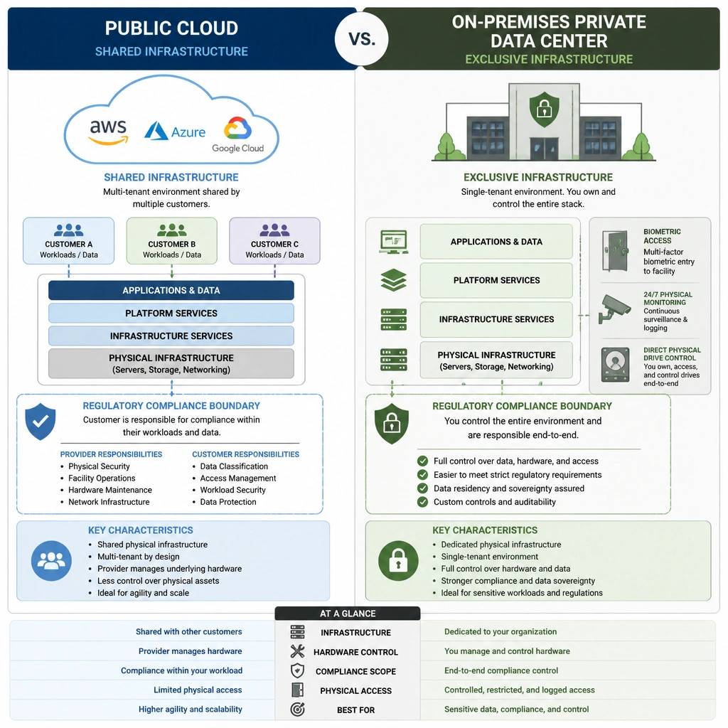 A comparison diagram showing a public cloud environment with shared infrastructure versus a secure, locked on-premises private data center. Highlighting concepts like regulatory compliance boundaries, biometric doors, and direct physical drive control.