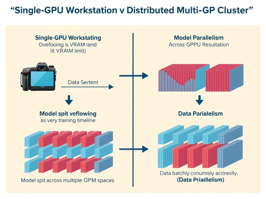 A comparison diagram of 'Single-GPU Workstation' vs 'Distributed Multi-GPU Cluster'. The single-GPU side shows a model overflowing its VRAM limit and a very long training timeline. The multi-GPU side shows a model split across multiple GPU VRAM spaces (Model Parallelism) and data batches processed concurrently across GPUs (Data Parallelism), resulting in a dramatically shortened training timeline.