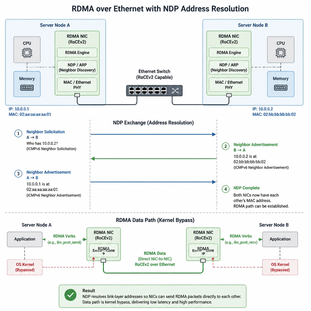 A schematic of two server nodes with RDMA-enabled Network Interface Cards (NICs) connected to an Ethernet switch. An exchange of Neighbor Discovery Protocol (NDP) messages is shown between the two NICs, resolving addresses and enabling direct RDMA communication bypass of the OS kernel.