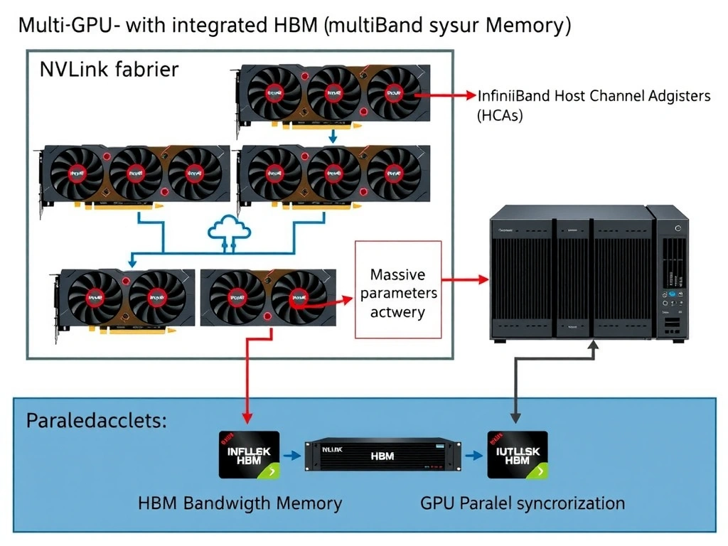 A block diagram of a multi-GPU server node. It shows GPUs with integrated HBM (High Bandwidth Memory) communicating locally via a high-bandwidth NVLink fabric, and communicating externally with other nodes via InfiniBand Host Channel Adapters (HCAs), highlighting the flow of massive parameters and parallel synchronization.