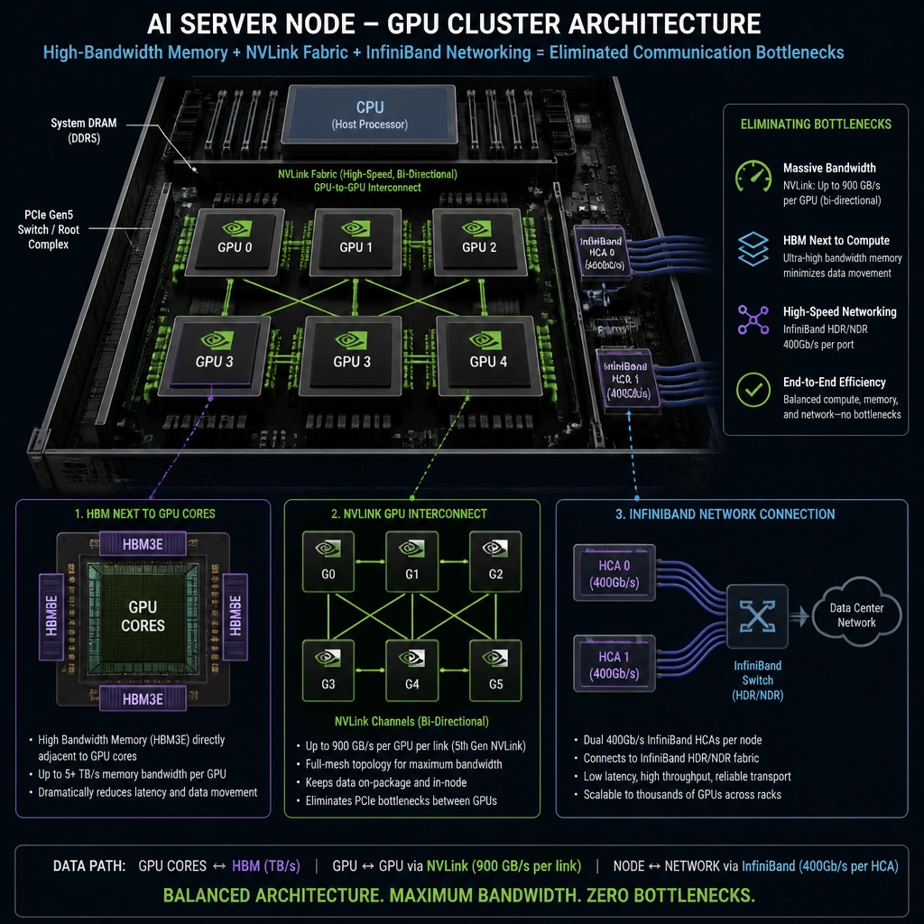 An architectural diagram of an AI server node focusing on the GPU cluster. Show high-speed, high-capacity memory (HBM) situated directly next to the GPU cores. Also depict NVLink channels connecting the GPUs within the server node, and InfiniBand Host Channel Adapters (HCAs) connecting to the external network, emphasizing the elimination of communication bottlenecks.