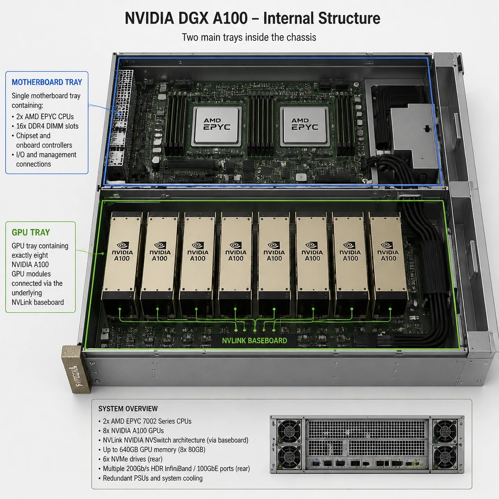 A structural diagram of the inside of an NVIDIA DGX A100 chassis, highlighting the single motherboard tray containing two AMD EPYC CPUs, and the GPU tray containing exactly eight A100 GPU modules connected by the underlying NVLink baseboard.
