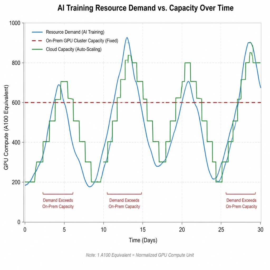 A line chart showing a fluctuating resource demand curve for an AI training project over time. A flat horizontal line represents the fixed capacity limit of an on-premises GPU cluster, illustrating periods where demand exceeds capacity. A secondary stepped line shows cloud capacity scaling up and down to match the demand curve.