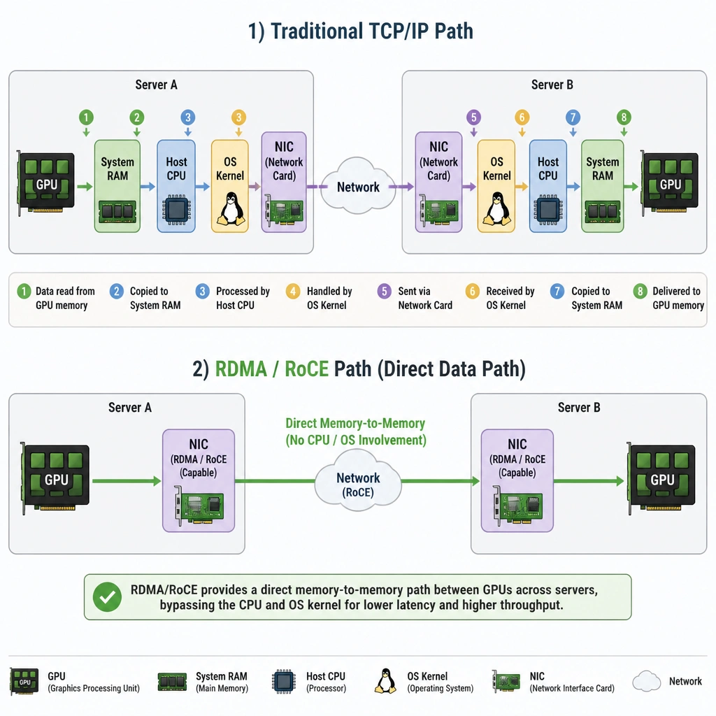A comparison diagram showing two network communication paths: 1) Traditional TCP/IP, where data passes from the GPU, through system RAM, the host CPU, the OS kernel, and the network card; 2) RDMA/RoCE, showing a direct memory-to-memory path between GPUs across two servers via their network cards, bypassing the CPU and OS kernel.