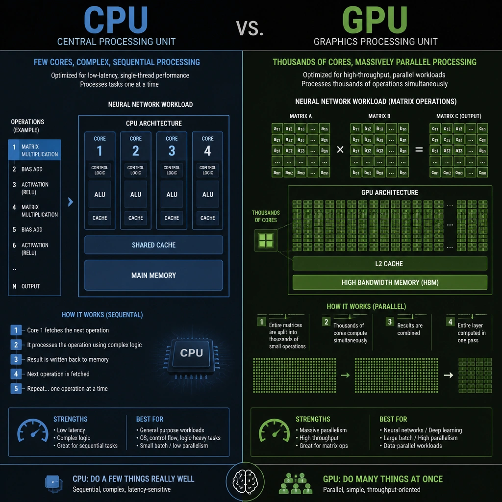 A conceptual illustration comparing CPU vs. GPU processing architectures for neural networks. The CPU side shows a few large, complex lanes processing tasks one by one (sequential). The GPU side shows thousands of small parallel lanes processing a massive matrix grid of mathematical operations simultaneously.