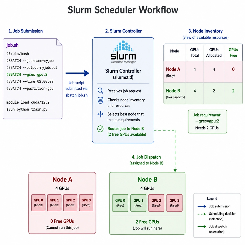 A Slurm scheduler workflow. A job submission script with '#SBATCH --gres=gpu:2' is sent to the Slurm controller. The controller checks its inventory of nodes and routes the job to Node B (which has 2 free GPUs) rather than Node A (which has no free GPUs).
