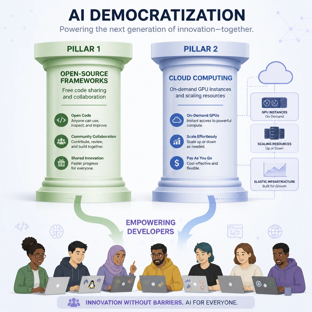 A conceptual diagram showing the pillars of AI democratization: one pillar representing open-source frameworks (free code sharing and collaboration) and another pillar representing cloud computing (showing on-demand GPU instances, scaling resources). Arrow paths lead from these pillars to a diverse group of developers.