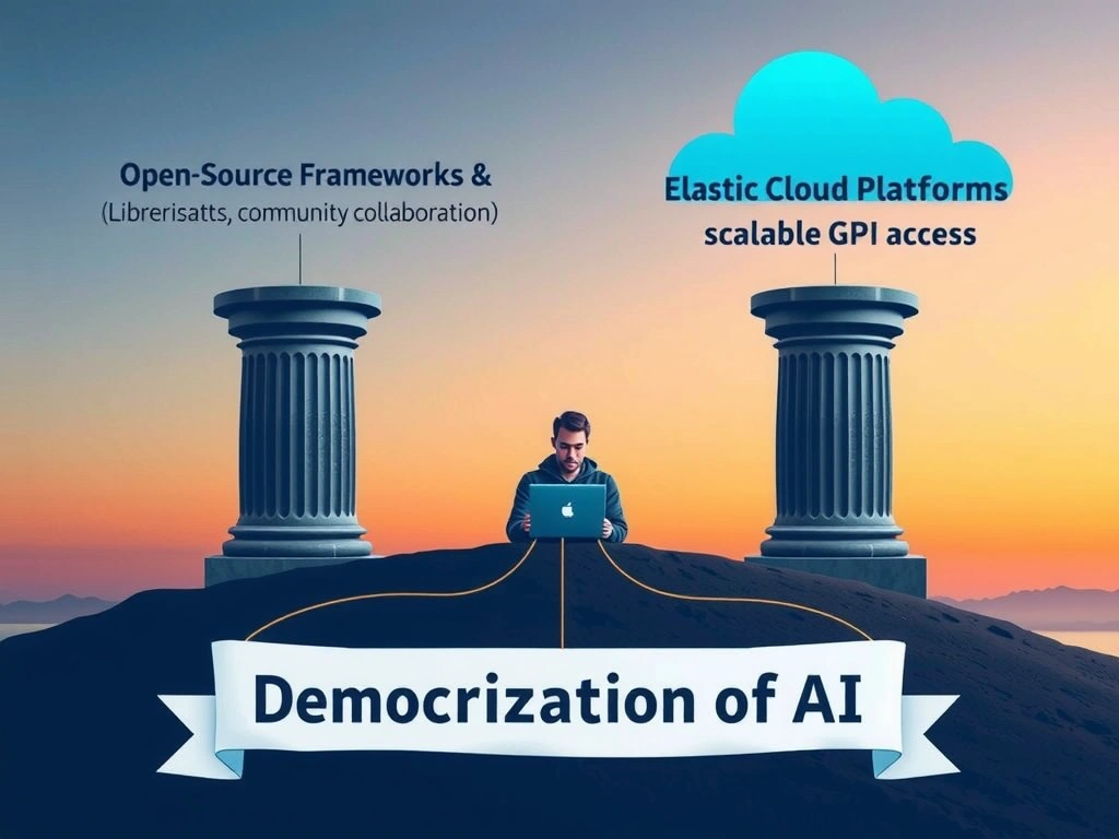 A graphic showing a developer at a laptop connected to two pillars. One pillar represents 'Open-Source Frameworks & Libraries' (free code, community collaboration) and the second pillar represents 'Elastic Cloud Platforms' (on-demand compute, scalable GPU access). Together, these pillars support a banner that reads 'Democratization of AI'.