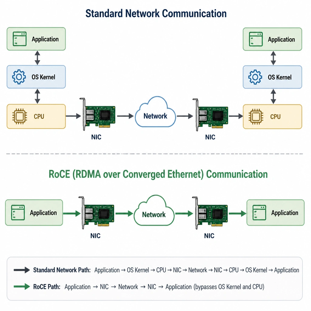 A comparative diagram illustrating standard network communication vs. RoCE communication. Standard network path shows data moving through Application -> OS Kernel -> CPU -> NIC -> Network -> NIC -> CPU -> OS Kernel -> Application. The RoCE path shows data moving directly: Application -> NIC -> Network -> NIC -> Application, bypassing the OS Kernel and CPU.