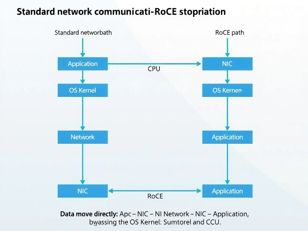 A detailed diagram comparing a Standard Ethernet TCP/IP Network Stack vs a RoCE Network Stack. The standard stack shows data traversing the User Space, Kernel Space (TCP/IP), Driver, NIC, and CPU involvement. The RoCE stack shows 'Kernel Bypass' with data passing directly from User Space memory to the RoCE-enabled NIC, which then performs memory-to-memory transfer to the remote server, with QoS / Priority Flow Control ensuring a lossless transport path.