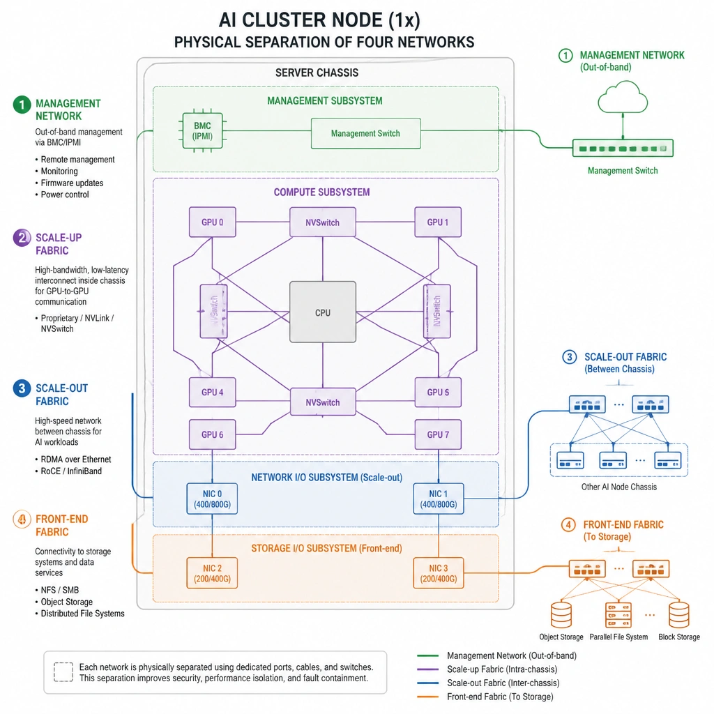 A network architecture diagram of an AI cluster node, highlighting the physical separation of four networks: 1) Management Network connected to the BMC/IPMI port, 2) Scale-up Fabric inside the chassis connecting GPUs, 3) Scale-out Fabric connecting high-speed network interfaces (NICs) between chassis, and 4) Front-end Fabric connecting to storage.