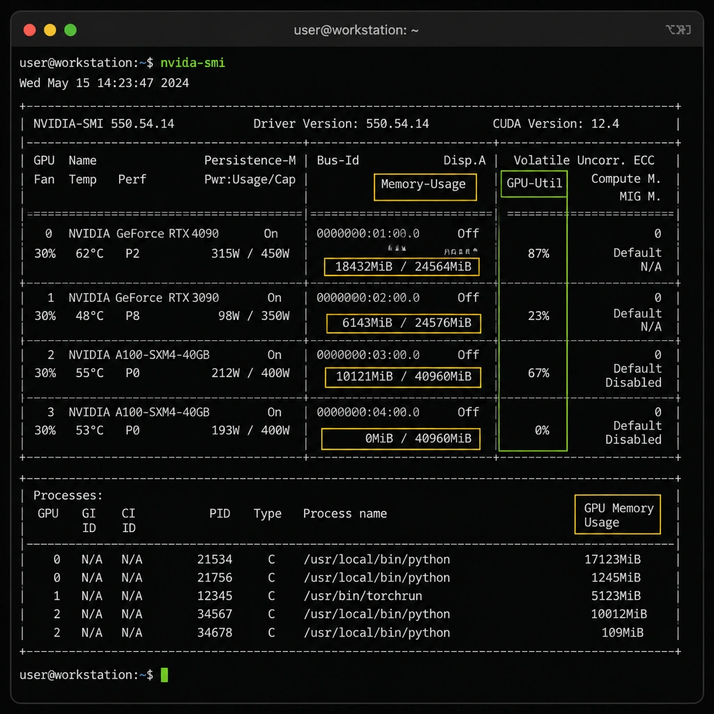 A terminal window showing the output of the nvidia-smi command, highlighting the columns for GPU Memory Usage (allocated vs. total VRAM), GPU Utilization percentage, temperature, and running GPU processes.
