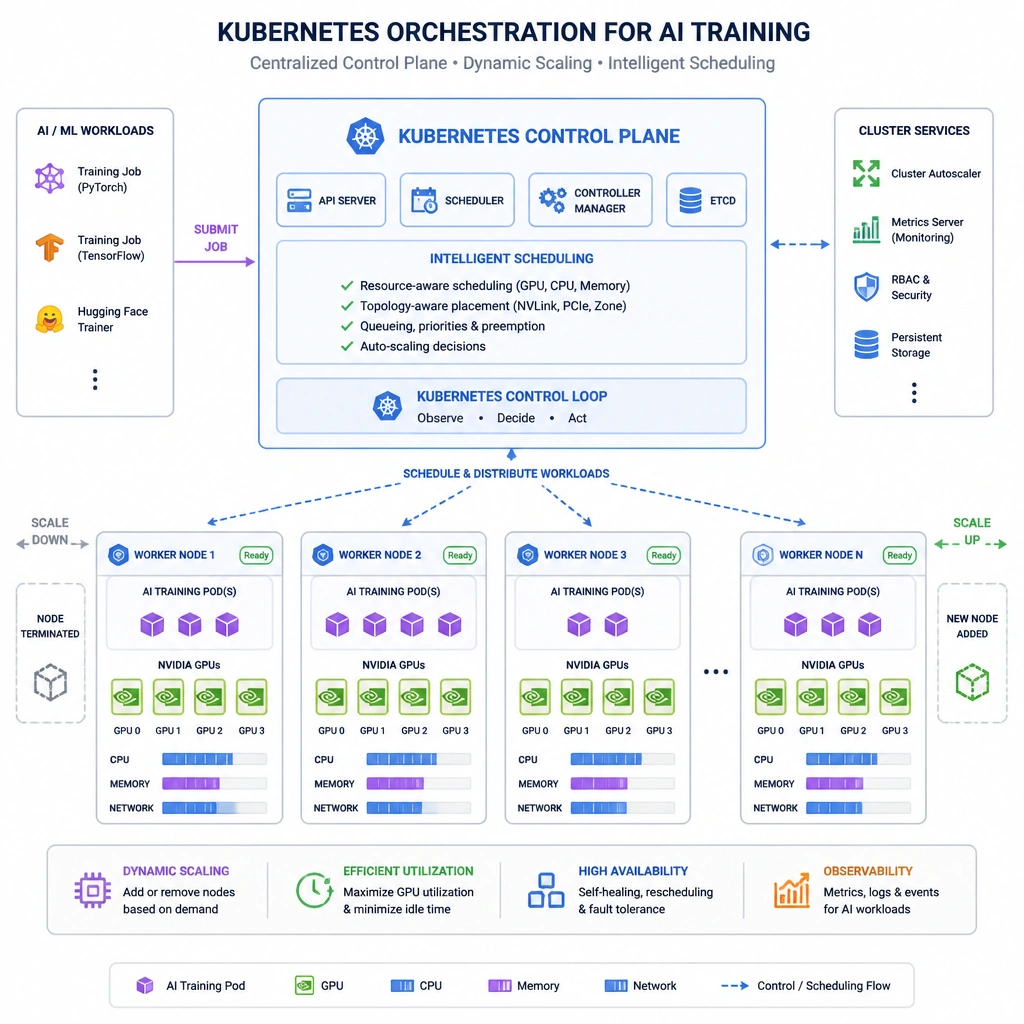 An orchestration diagram showing Kubernetes as the central control plane distributing AI training container workloads across multiple worker nodes, each equipped with multiple GPUs, indicating dynamic scaling and resource scheduling.