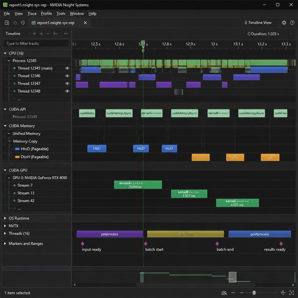 A screenshot of the NVIDIA Nsight Systems user interface showing the timeline view, with synchronized tracks representing CPU thread activities, CUDA API calls, memory copy events (HtoD/DtoH), and GPU kernel execution durations.