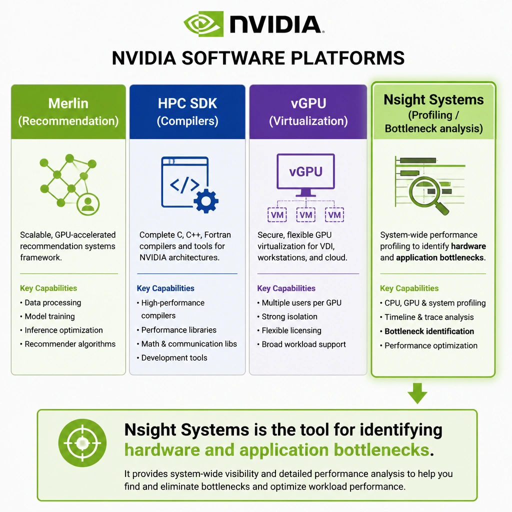 A block diagram showing different NVIDIA software platforms: Merlin (Recommendation), HPC SDK (Compilers), vGPU (Virtualization), and Nsight Systems (Profiling/Bottleneck analysis), highlighting Nsight Systems as the tool for identifying hardware and application bottlenecks.