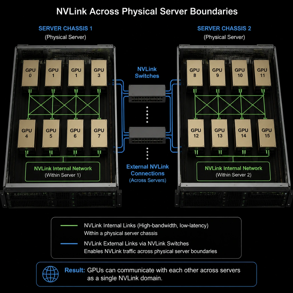 A diagram showing two physical server chassis, each containing multiple GPUs. An internal NVLink network connects the GPUs within each server. External NVLink Switch connections link the two chassis, showing that NVLink traffic can span across physical server boundaries.