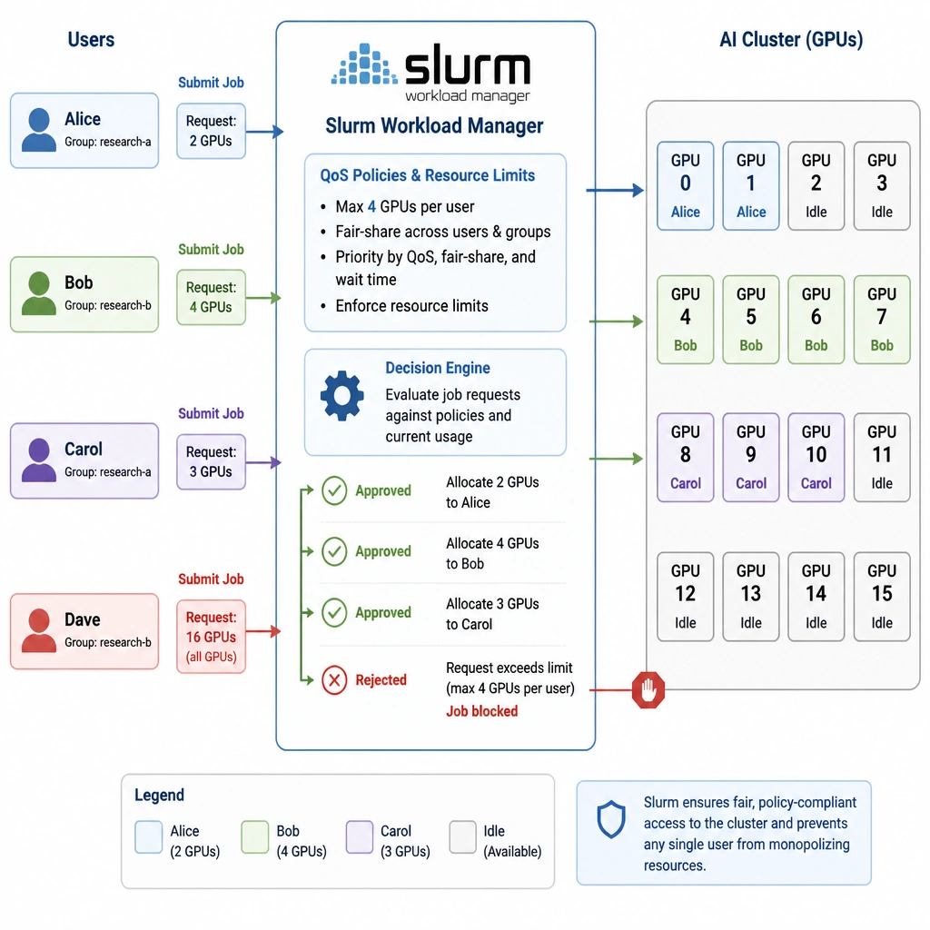 A diagram of a shared AI cluster showing multiple users submitting jobs to a Slurm workload manager, where Slurm applies QoS policies and resource limits (e.g., max 4 GPUs per user) to allocate resources fairly, while blocking a user trying to request all GPUs.