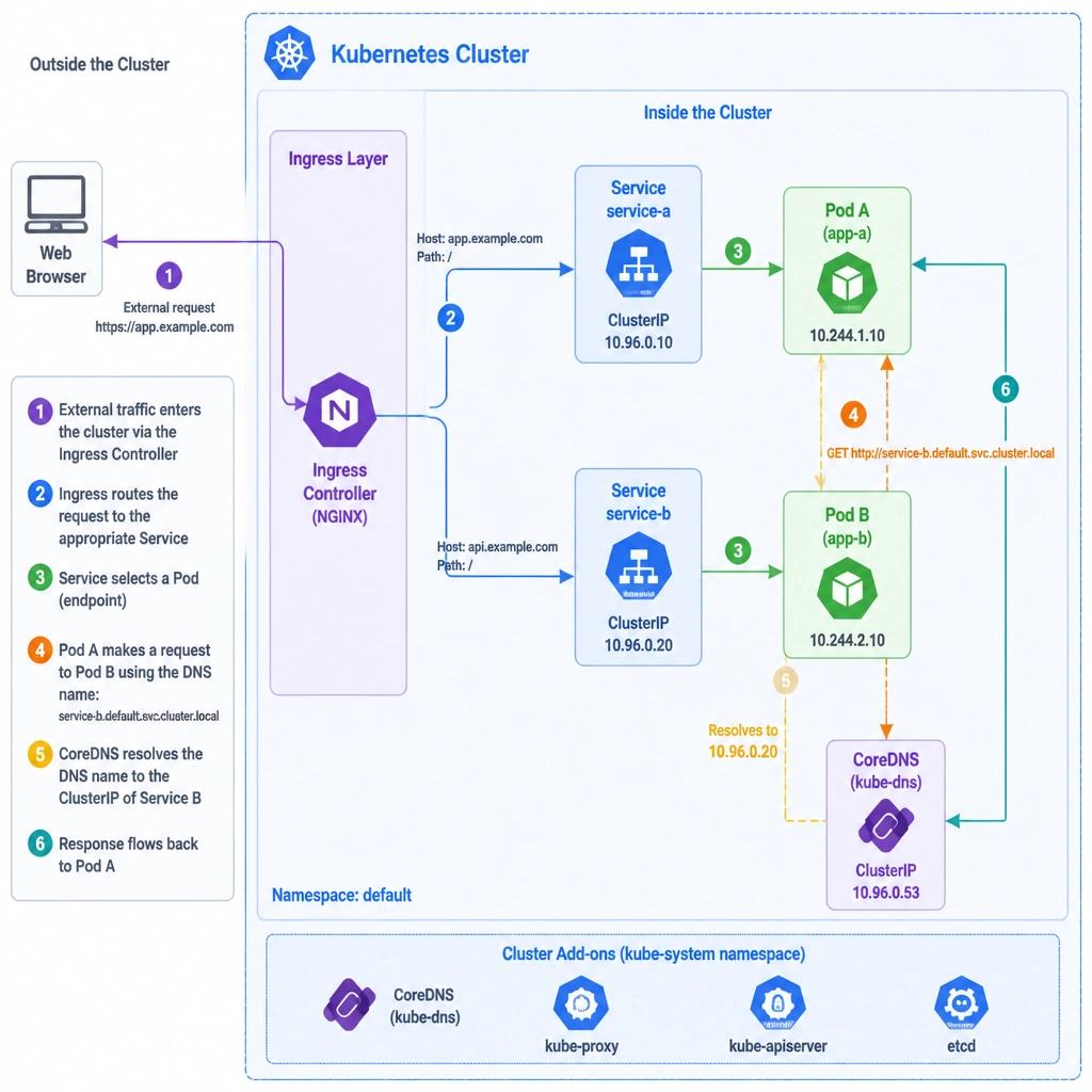 A diagram of a Kubernetes cluster network. It shows two pods communicating internally using DNS names resolved by CoreDNS. It also shows external traffic entering the cluster through an Ingress controller, which routes the requests to the appropriate internal services.