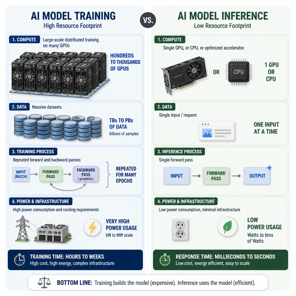 A conceptual diagram comparing the resource footprint of AI Model Training (showing a large cluster of GPUs, massive datasets, backward/forward loops, and high power usage) versus AI Model Inference (showing a single GPU or CPU, a single input, a single forward pass, and quick output).