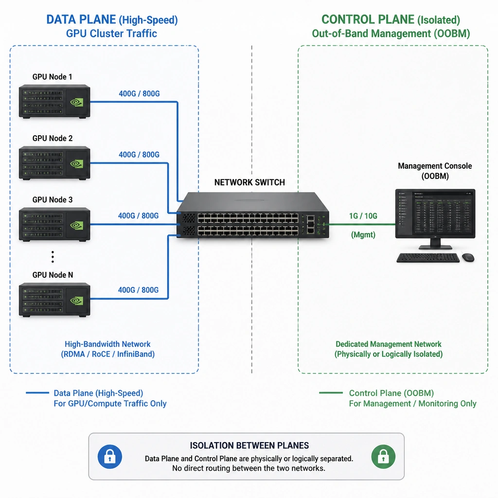 A diagram showing a network switch with two distinct connections: a high-speed data path (Data Plane) carrying GPU cluster traffic, and a completely separate Out-of-Band Management (OOBM) network (Control Plane) connected to a management console, demonstrating physical or logical isolation.