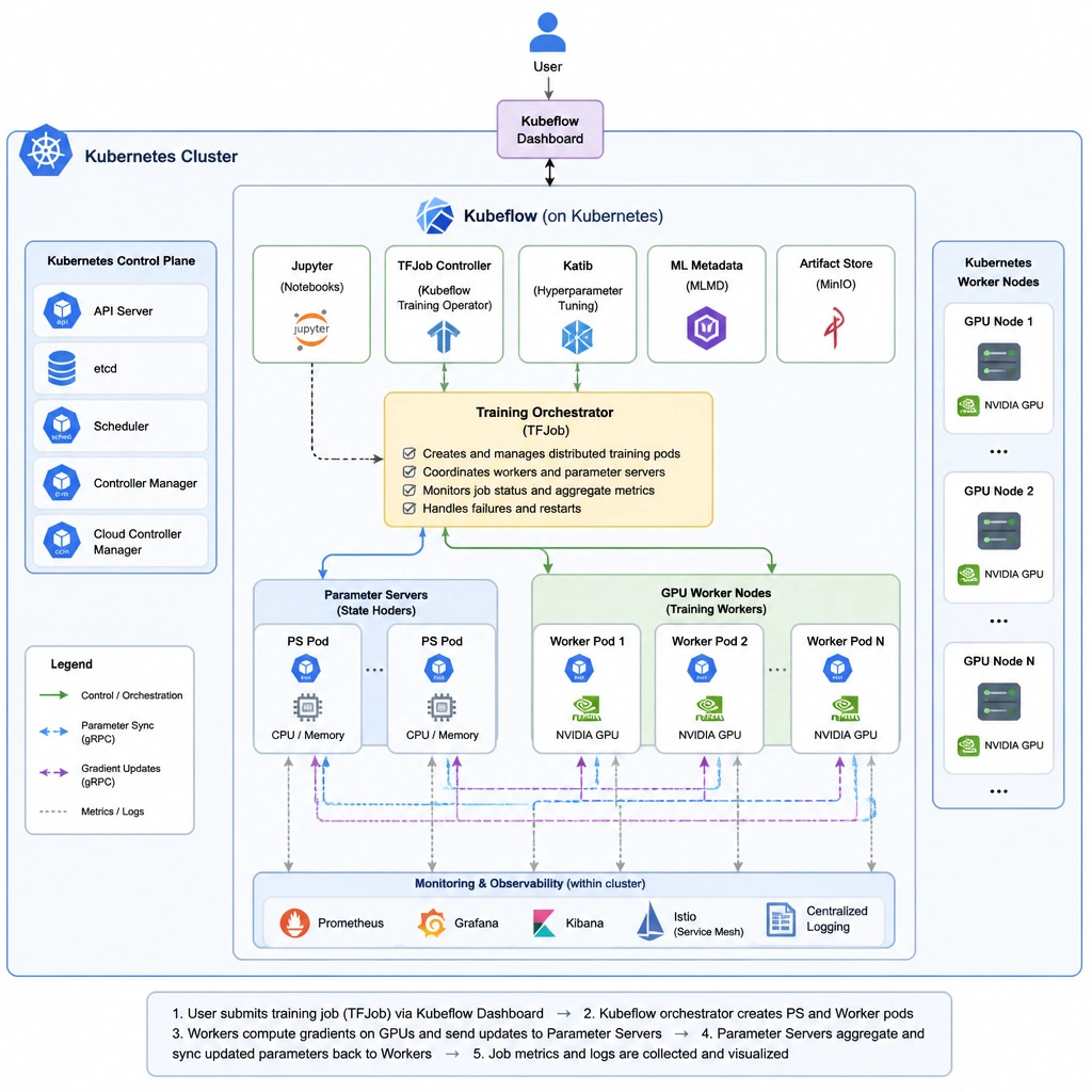 A diagram of a Kubernetes cluster with Kubeflow running as the orchestrator, showing it coordinating a distributed training job across multiple GPU worker nodes and managing parameter servers.