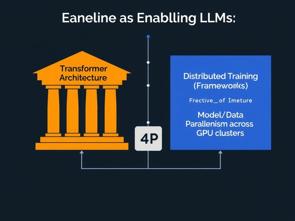 A timeline or block diagram showing the two main pillars enabling LLMs: "Transformer Architecture (Self-Attention & Parallelization)" and "Distributed Training Frameworks (Model/Data Parallelism across GPU clusters)".