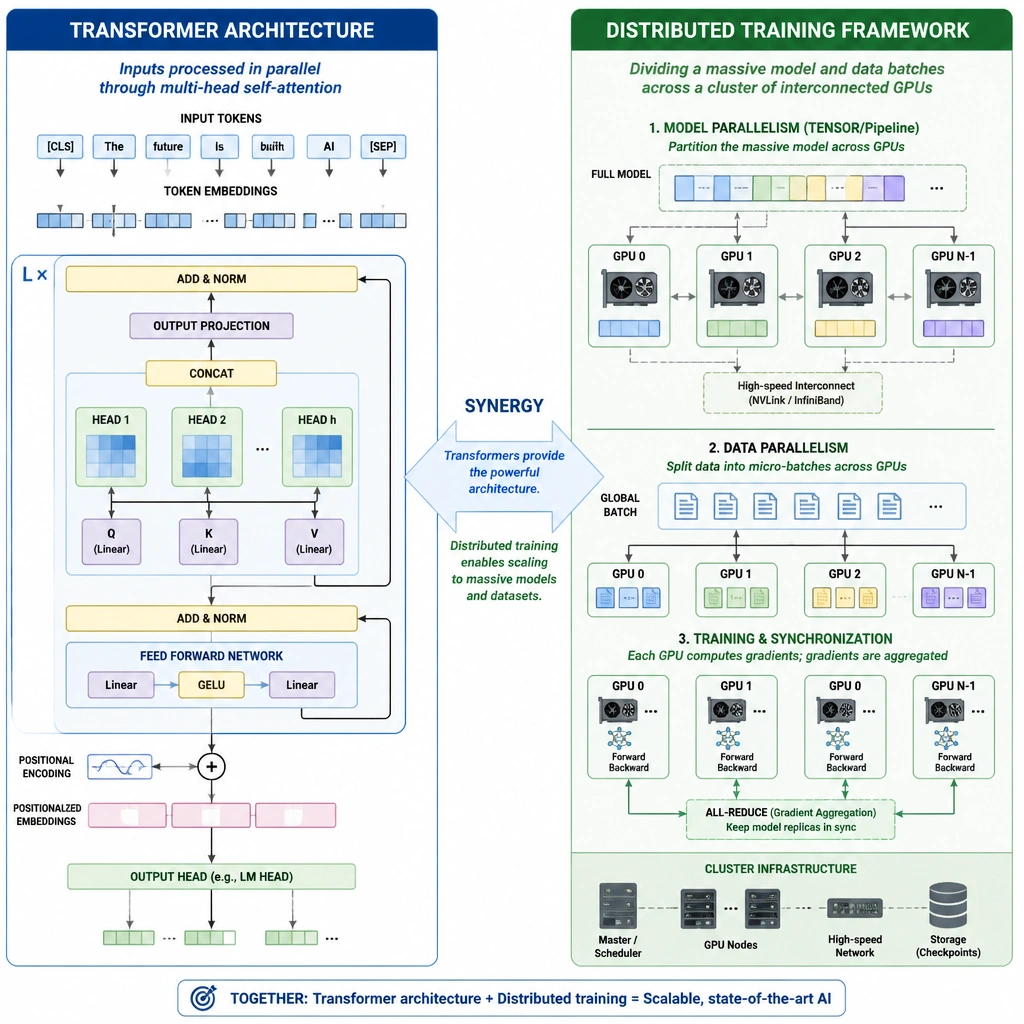 A dual-concept graphic. The left panel shows the 'Transformer Architecture' with inputs processed in parallel through multi-head self-attention. The right panel shows a 'Distributed Training Framework' dividing a massive model and data batches across a cluster of interconnected GPUs, highlighting the synergy between the two technologies.