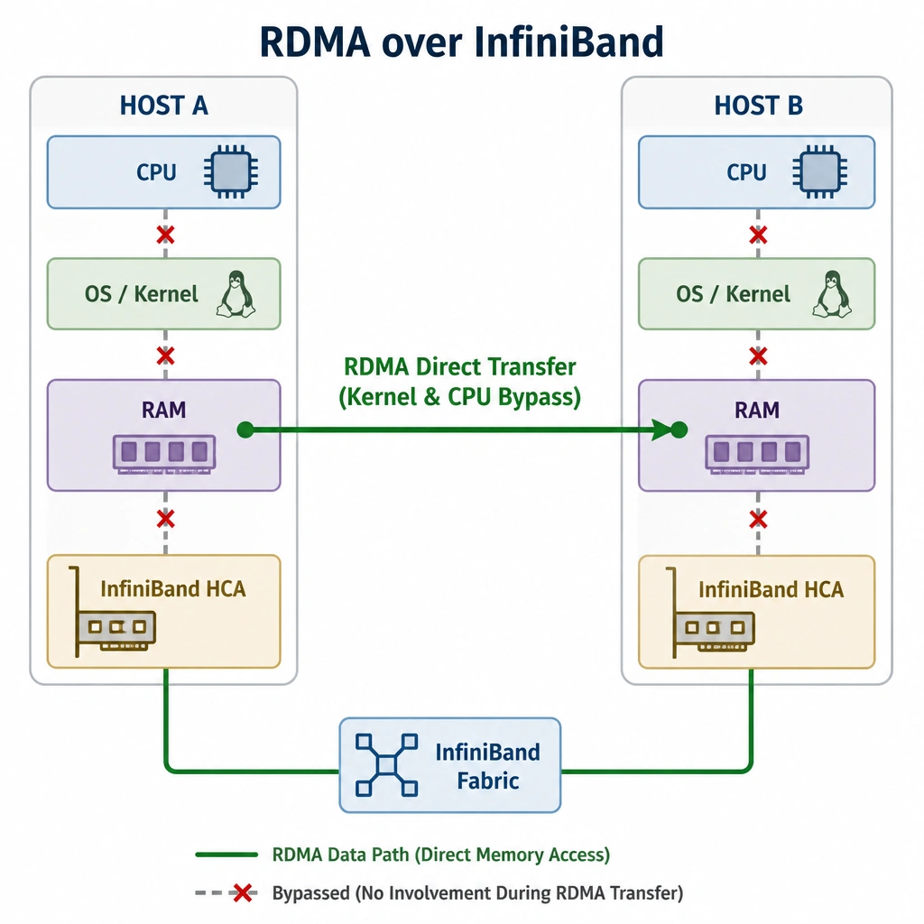 A diagram showcasing RDMA over InfiniBand. It shows Host A and Host B, each with a CPU, OS/Kernel, RAM, and an InfiniBand HCA. A direct path labeled 'RDMA Direct Transfer (Kernel & CPU Bypass)' connects the RAM of Host A directly to the RAM of Host B via the HCAs, illustrating that the CPU and OS on both hosts are completely bypassed during the transfer.
