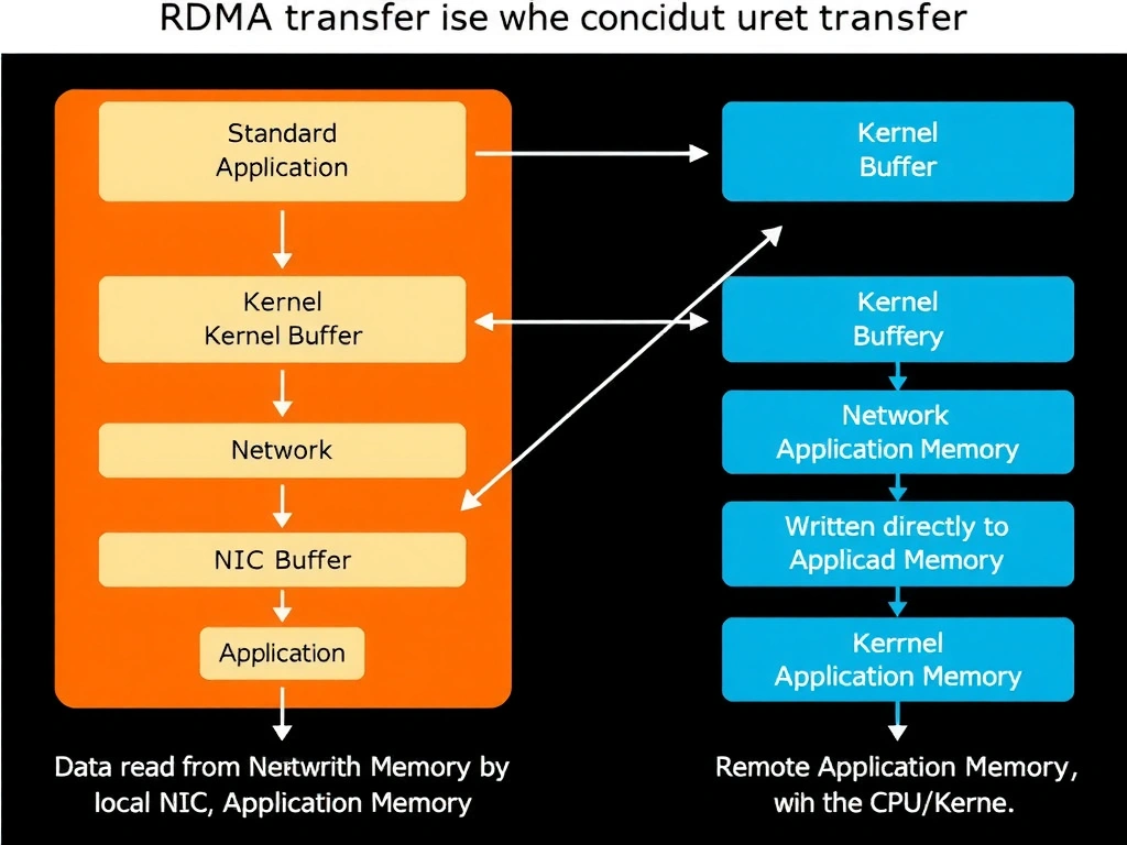A diagram contrasting a standard network transfer (data copied from Application -> Kernel Buffer -> NIC Buffer -> Network -> NIC Buffer -> Kernel Buffer -> Application) with an RDMA transfer (data read directly from Application Memory by local NIC and written directly to Remote Application Memory by remote NIC, bypassing the CPU/Kernel).