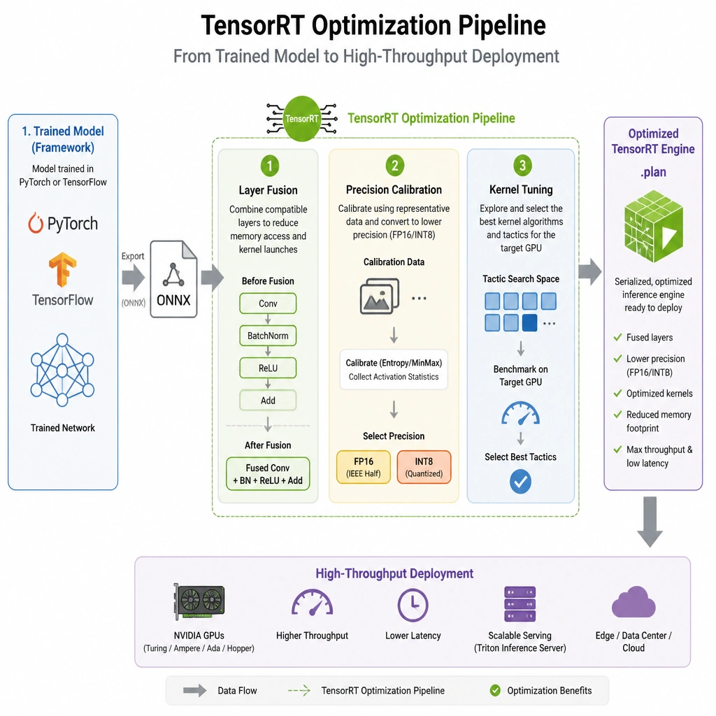 A flow diagram illustrating how a trained model (from PyTorch/TensorFlow) goes through the TensorRT optimization pipeline (performing layer fusion, precision calibration to FP16/INT8, and kernel tuning) to produce an optimized TensorRT engine ready for high-throughput deployment.