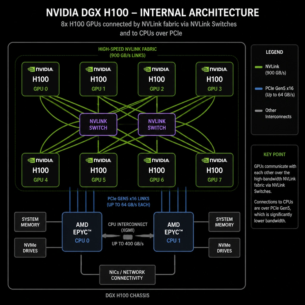 A diagram of the internal architecture of an NVIDIA DGX H100 system, showing eight GPUs connected to each other through a dedicated NVLink network using NVLink switches, contrasting with their slower connections to the CPU via PCIe.