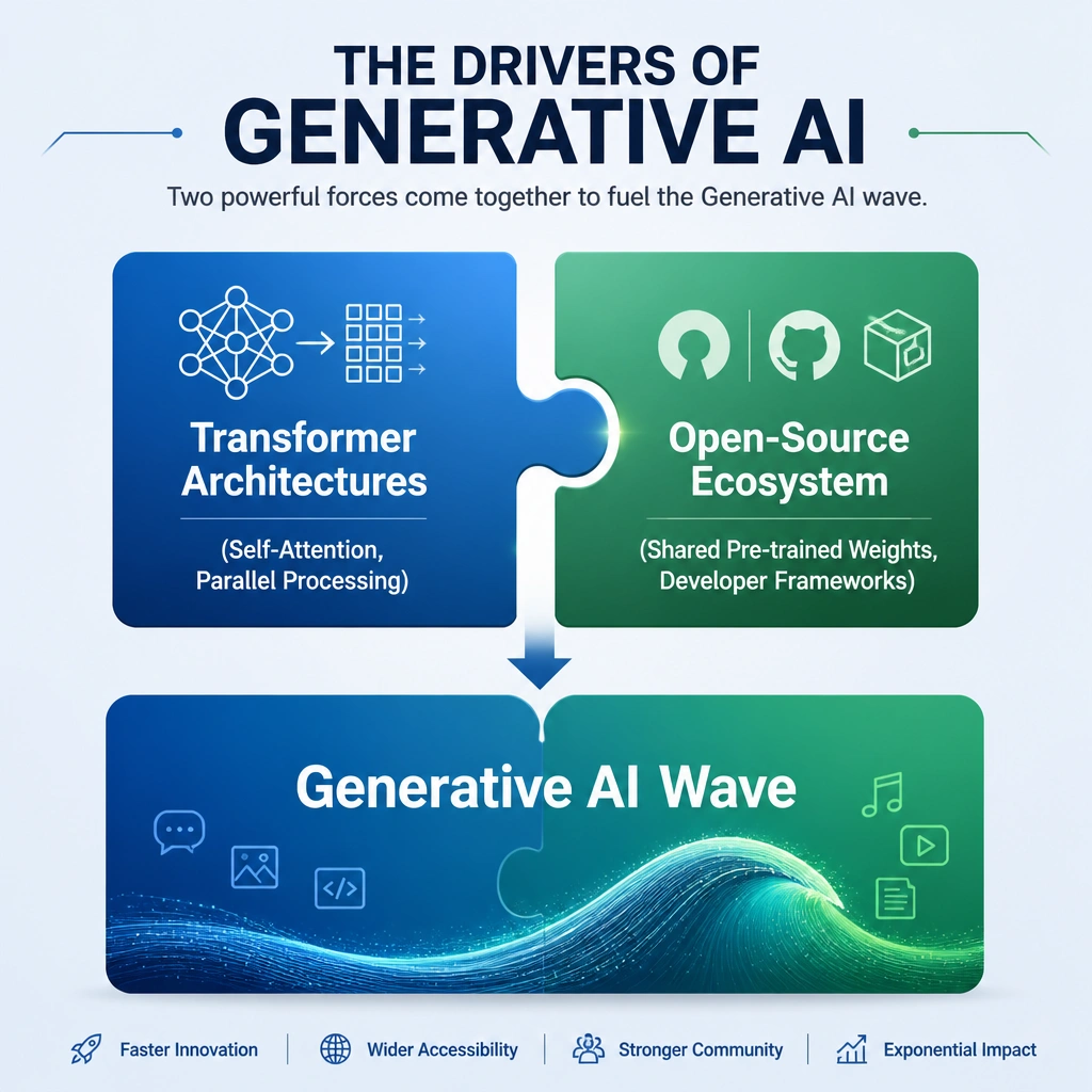 An infographic illustrating the drivers of Generative AI. Two puzzle pieces locking together: one labeled 'Transformer Architectures (Self-Attention, Parallel Processing)' and the other labeled 'Open-Source Ecosystem (Shared Pre-trained Weights, Developer Frameworks)'. Together they form a completed puzzle labeled 'Generative AI Wave'.