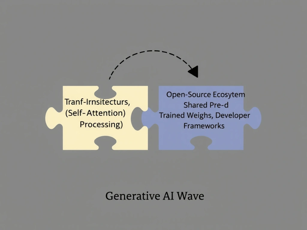 A diagram showcasing the two pillars of the GenAI boom: on the left, the parallel processing block diagram of a transformer network (attention layer and feed-forward layer); on the right, an open-source hub icon showing a developer downloading a pre-trained model and fine-tuning it locally on a workstation.