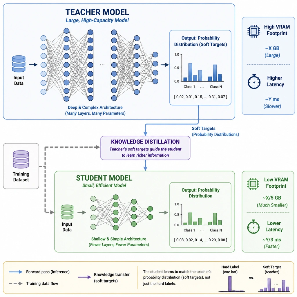 A conceptual diagram showing a large 'Teacher Model' with a complex neural network structure outputting probability distributions, which are then used to train a smaller 'Student Model' with a simplified network structure, indicating a reduction in VRAM footprint and faster latency.