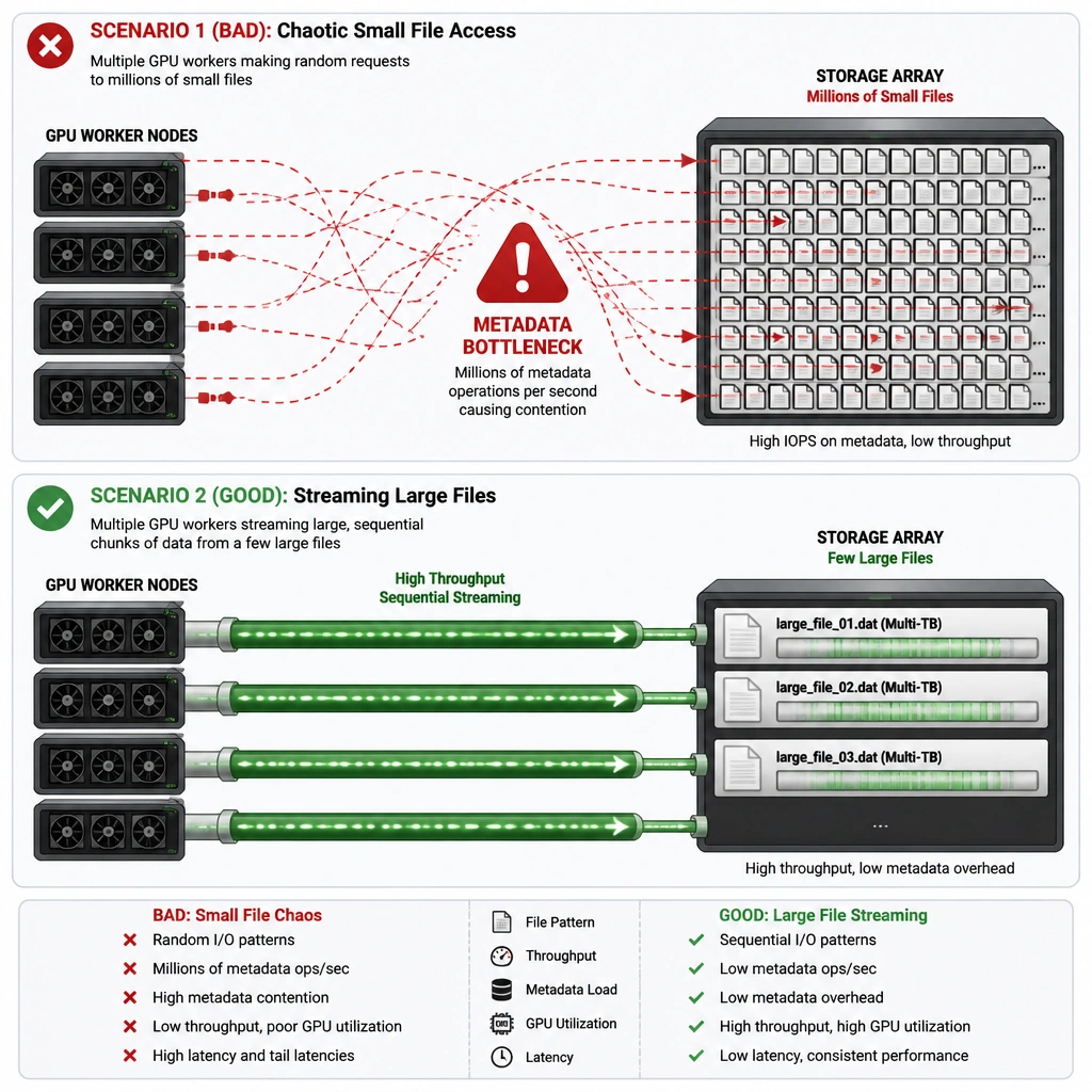 A comparison diagram showing two scenarios. Scenario 1 (bad): Multiple GPU worker nodes making chaotic, random network requests to millions of small files on a storage array, causing a red metadata bottleneck icon. Scenario 2 (good): Multiple GPU worker nodes streaming large, sequential chunks of data from a few large files, showing smooth green data flow pipes.