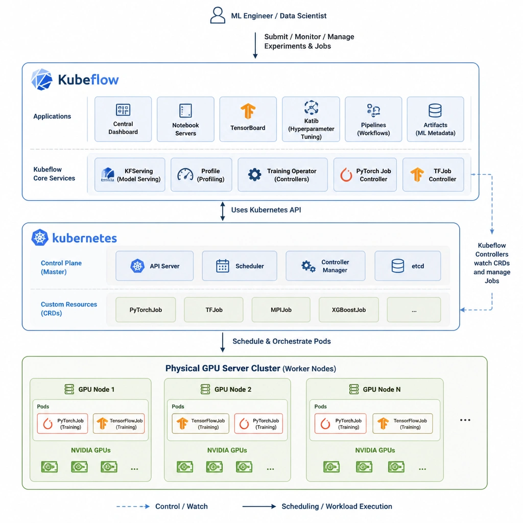 An orchestration architecture diagram showing Kubeflow sitting on top of a Kubernetes layer, scheduling and managing containerized PyTorch and TensorFlow training jobs across a cluster of physical GPU servers.