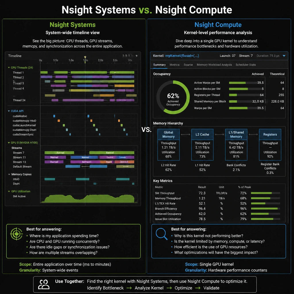A comparison visualization of profiling scopes: Nsight Systems showing a timeline of CPU threads and GPU streams running concurrently, contrasted with Nsight Compute showing detailed metrics for a single GPU kernel, including occupancy gauges and memory hierarchy diagrams.