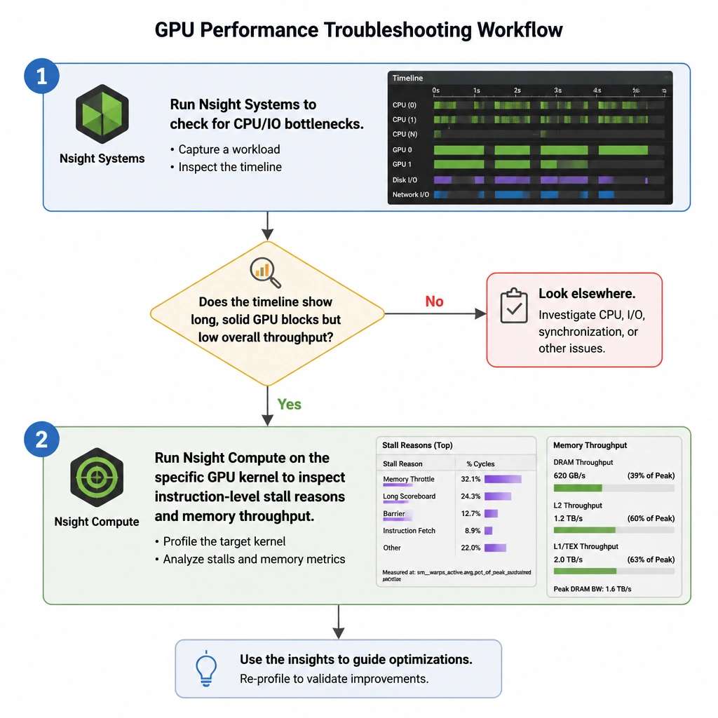 A troubleshooting workflow diagram. Step 1: run Nsight Systems to check for CPU/IO bottlenecks. Step 2: if the timeline shows long, solid GPU blocks but low overall throughput, run Nsight Compute on the specific GPU kernel to inspect instruction-level stall reasons and memory throughput.
