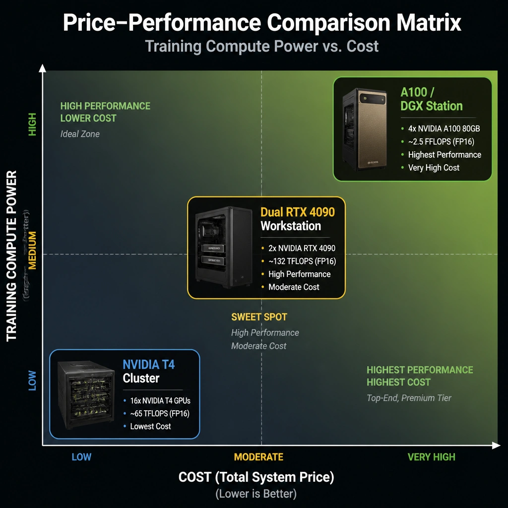 A price-performance comparison matrix. The horizontal axis represents cost (from low to high) and the vertical axis represents training compute power. The chart positions the NVIDIA T4 cluster as low-cost/low-performance, the A100 and DGX Station as high-performance/very-high-cost, and the dual RTX 4090 workstation in the sweet spot of high-performance/moderate-cost.