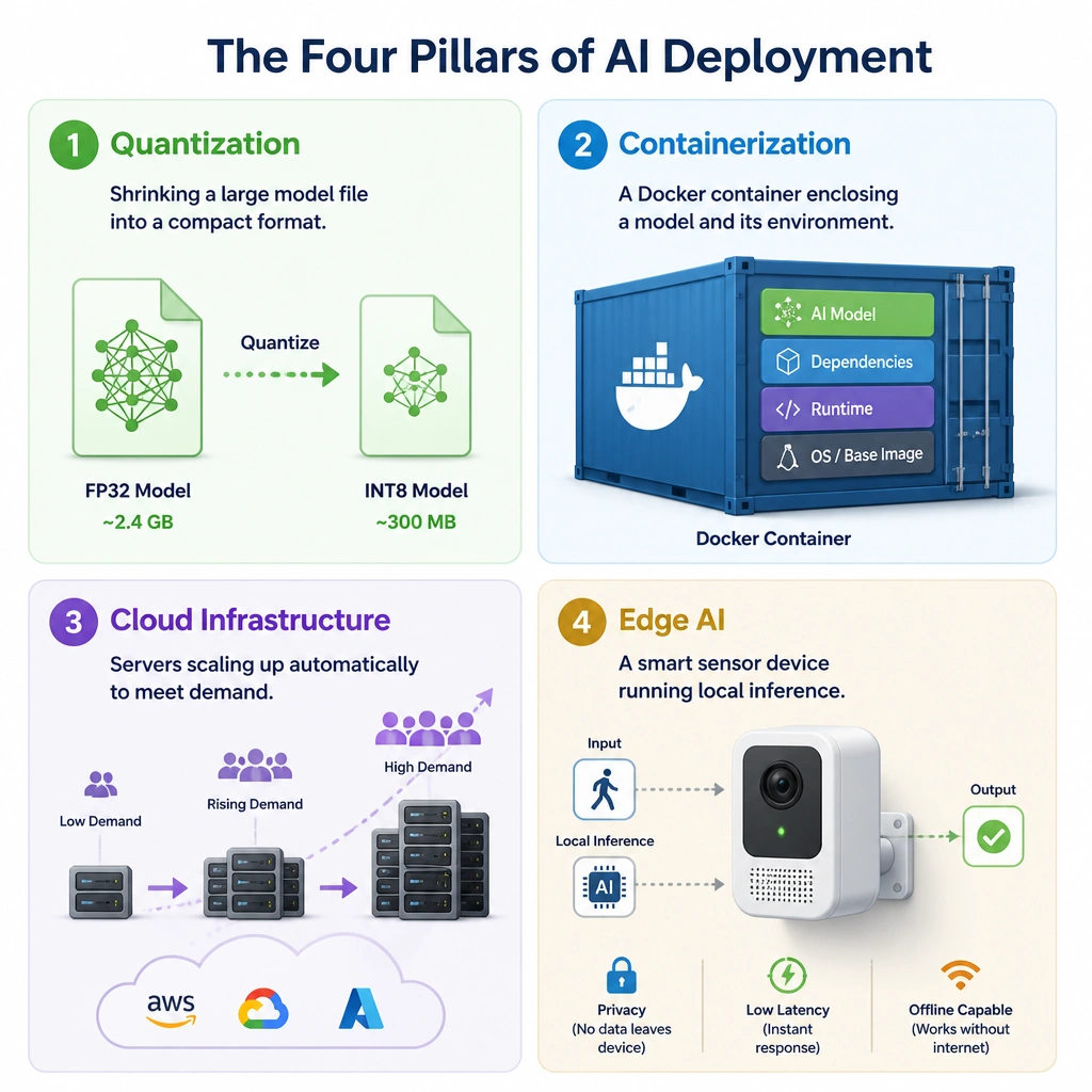 A multi-panel diagram showing the four pillars of AI deployment: 1) 'Quantization' (shrinking a large model file into a compact format), 2) 'Containerization' (a Docker container enclosing a model and its environment), 3) 'Cloud Infrastructure' (servers scaling up automatically), and 4) 'Edge AI' (a smart sensor device running local inference).