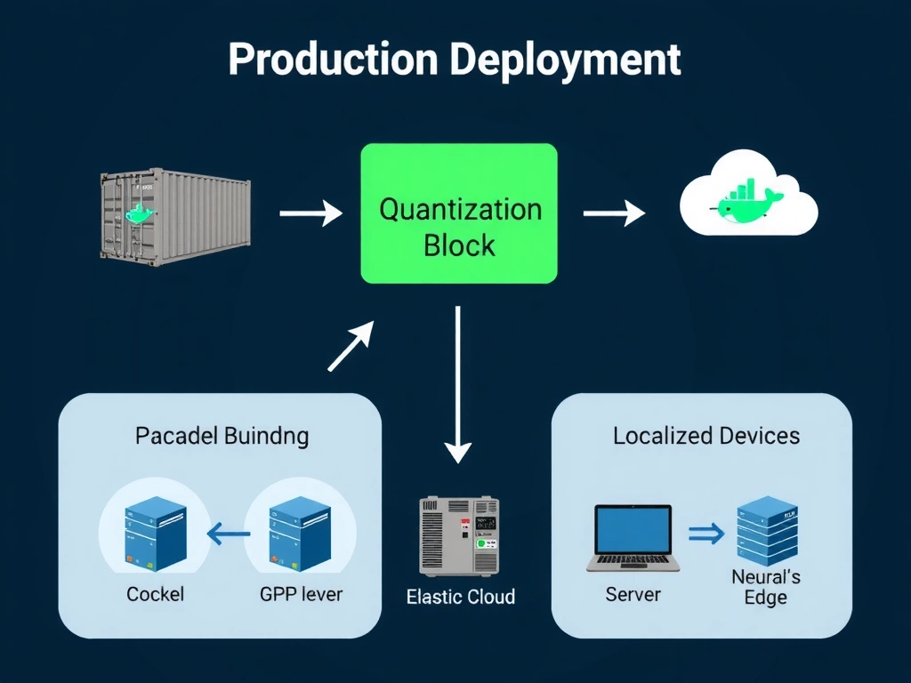 A production deployment map showing a model packaged inside a Docker container, optimized via a quantization block, deployed both to elastic cloud GPU servers and to localized edge devices with neural processors.