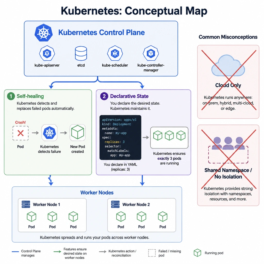 A conceptual map showing a Kubernetes Control Plane and two main features pointing to worker nodes: (1) Self-healing (a crashed pod being replaced automatically), (2) Declarative State (a YAML file showing replicas: 3 and K8s maintaining exactly 3 pods). Cross out the misconceptions: 'Cloud Only' and 'Shared Namespace / No Isolation' with a red 'X'.