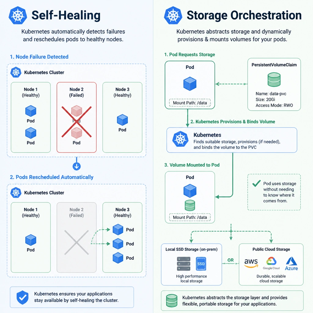 The image should depict a split screen illustrating the two core Kubernetes automation capabilities described. On the left side (Self-Healing), show a node failing (marked with a red 'X') and Kubernetes automatically moving/rescheduling the pods from the failed node to a healthy node in the cluster. On the right side (Storage Orchestration), show a pod requesting storage and Kubernetes dynamically mounting a volume from either local SSD or public cloud storage using a Persistent Volume Claim, highlighting the abstraction of the storage layer.