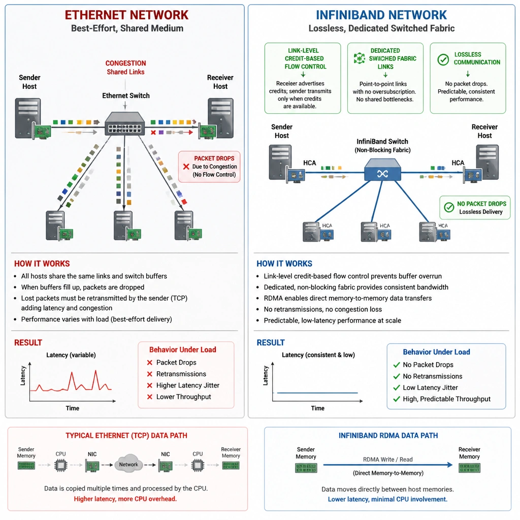 A comparison diagram contrasting an Ethernet network showing packet drops due to congestion, and an InfiniBand network utilizing link-level credit-based flow control, dedicated switched fabric links, and direct memory-to-memory RDMA transfers to demonstrate lossless, low-latency communication.