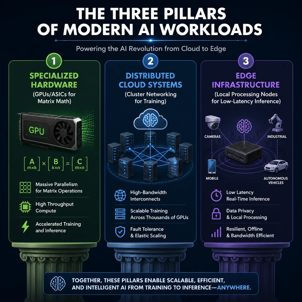 Infographic illustrating the three key pillars enabling modern AI workloads: Specialized Hardware (GPUs/ASICs for matrix math), Distributed Cloud Systems (cluster networking for training), and Edge Infrastructure (local processing nodes for low-latency inference).