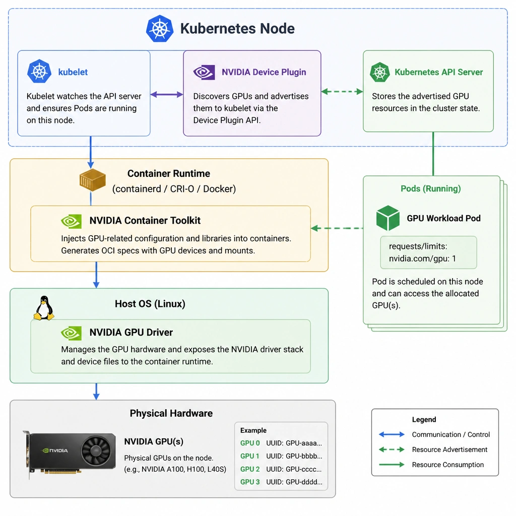 A diagram illustrating the Kubernetes node hierarchy for GPU acceleration, showcasing the physical GPU, host OS with the NVIDIA GPU Driver, the container runtime integrating the NVIDIA Container Toolkit, and the Kubernetes kubelet communicating with the NVIDIA Device Plugin to expose GPU resources to running pods.