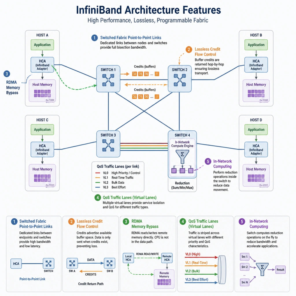A technical diagram illustrating InfiniBand architecture features, showcasing: 1) Switched fabric point-to-point links, 2) Lossless credit flow control showing buffer credits between switches, 3) RDMA memory bypass, 4) QoS traffic lanes, and 5) In-network computing performing reduction operations inside a switch.